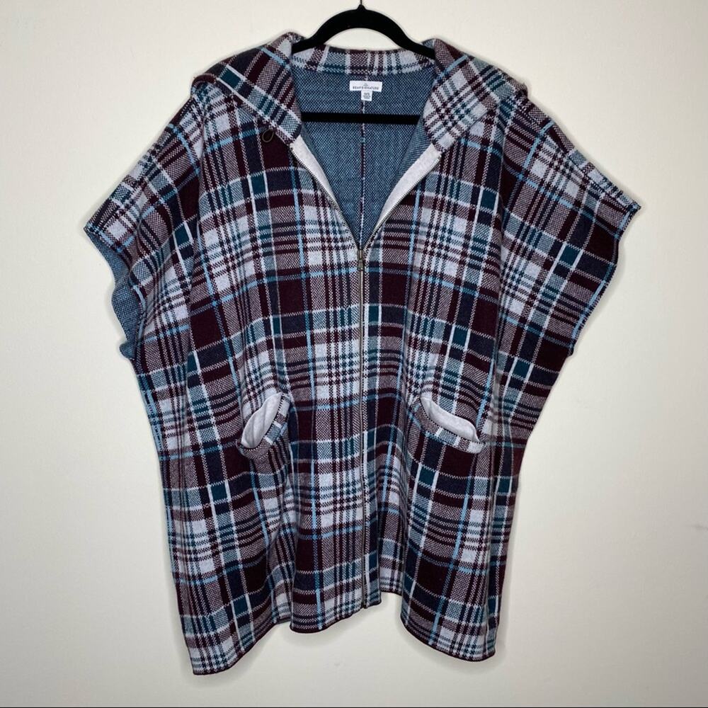 LL Bean Signature Poncho Sweater Pockets Plaid Maroon Red Green White One Size